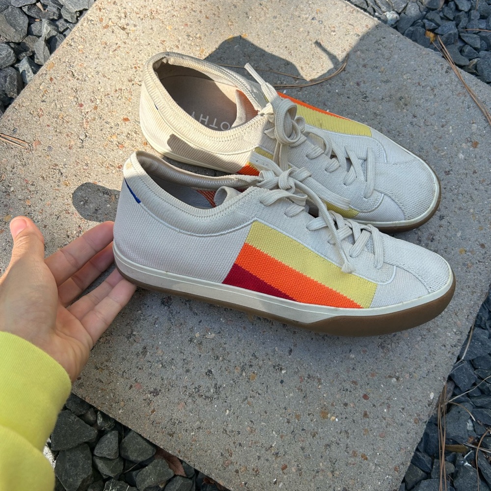 Rothy's Cream Knit Sneakers with Yellow and Orange Stripes - Picture 2 of 8